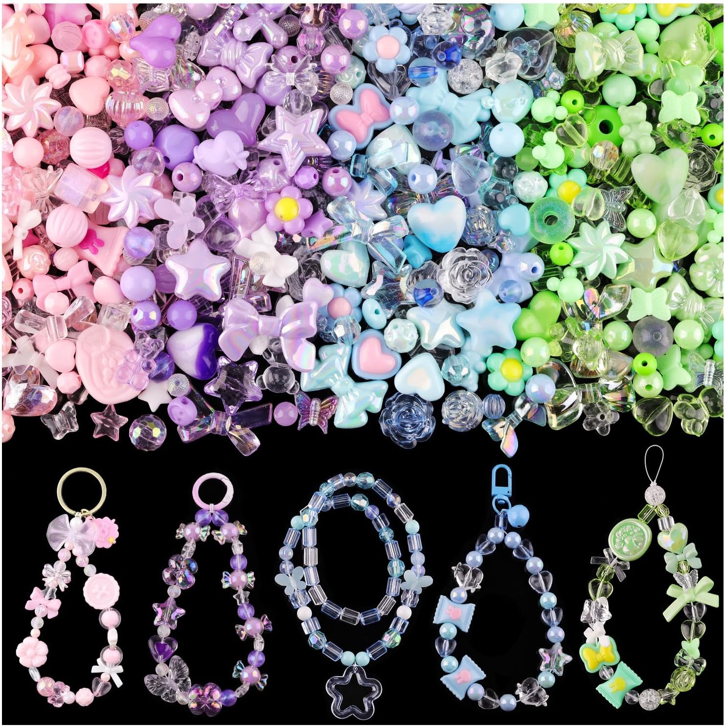 Wholesale 180-240PCS Assorted Acrylic Beads For Bracelet Making, Flower Bow Butterfly Candy Star Heart GummyBear Kawaii Aesthetic Bracelet Charms,Cute Beads For Jewelry Making DIY Necklace Keychain Phone Charms 4 COLOR SERIES-PINK+PURPLE+BLUE+GREEN