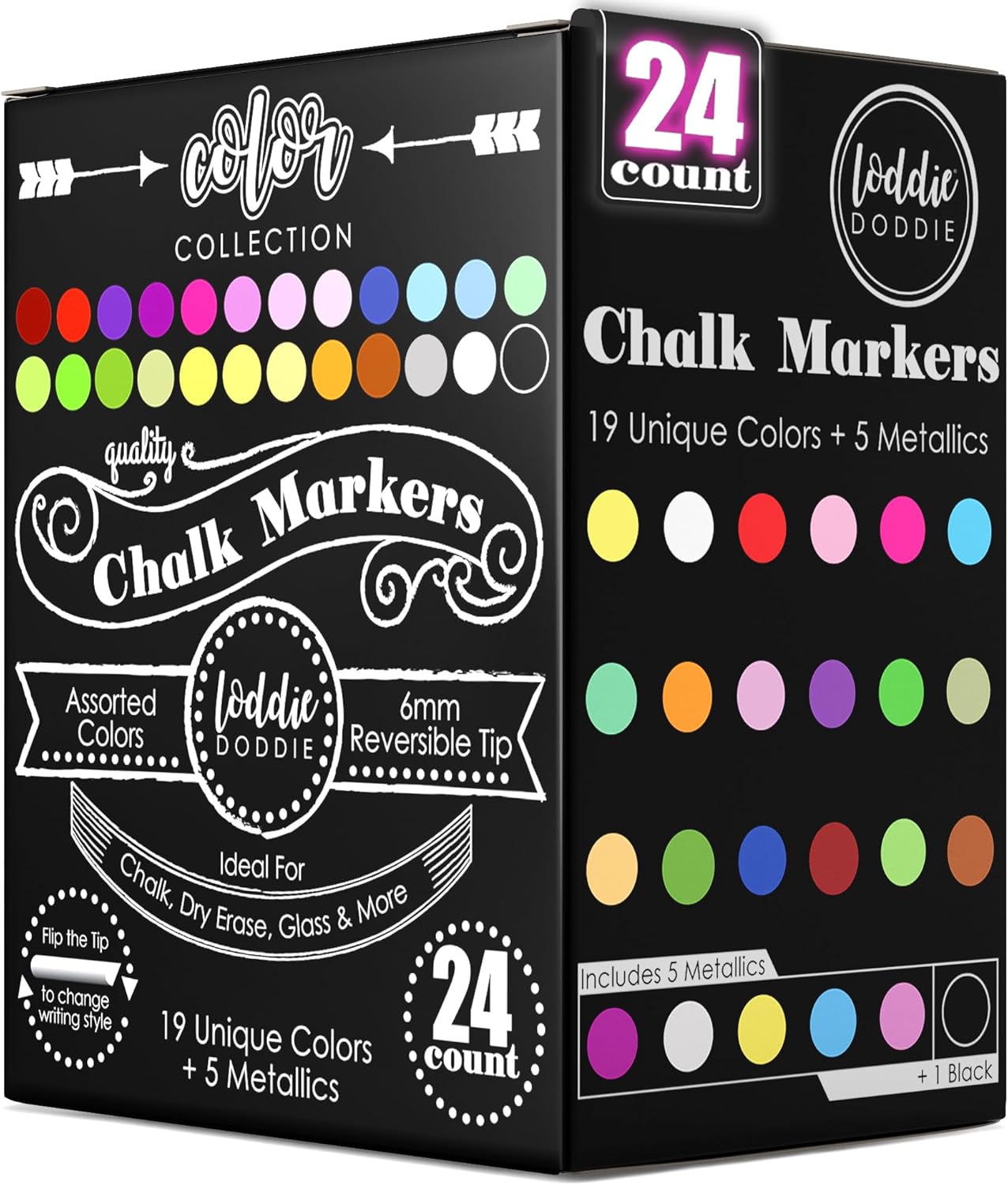 Wholesale Loddie Doddie Liquid Chalk Markers (24-Pack) - Dust-Free Erasable Pens for Windows, Glass, Chalkboard & Blackboard - 6mm Reversible Bullet & Chisel Tip 1 Count (Pack of 24)