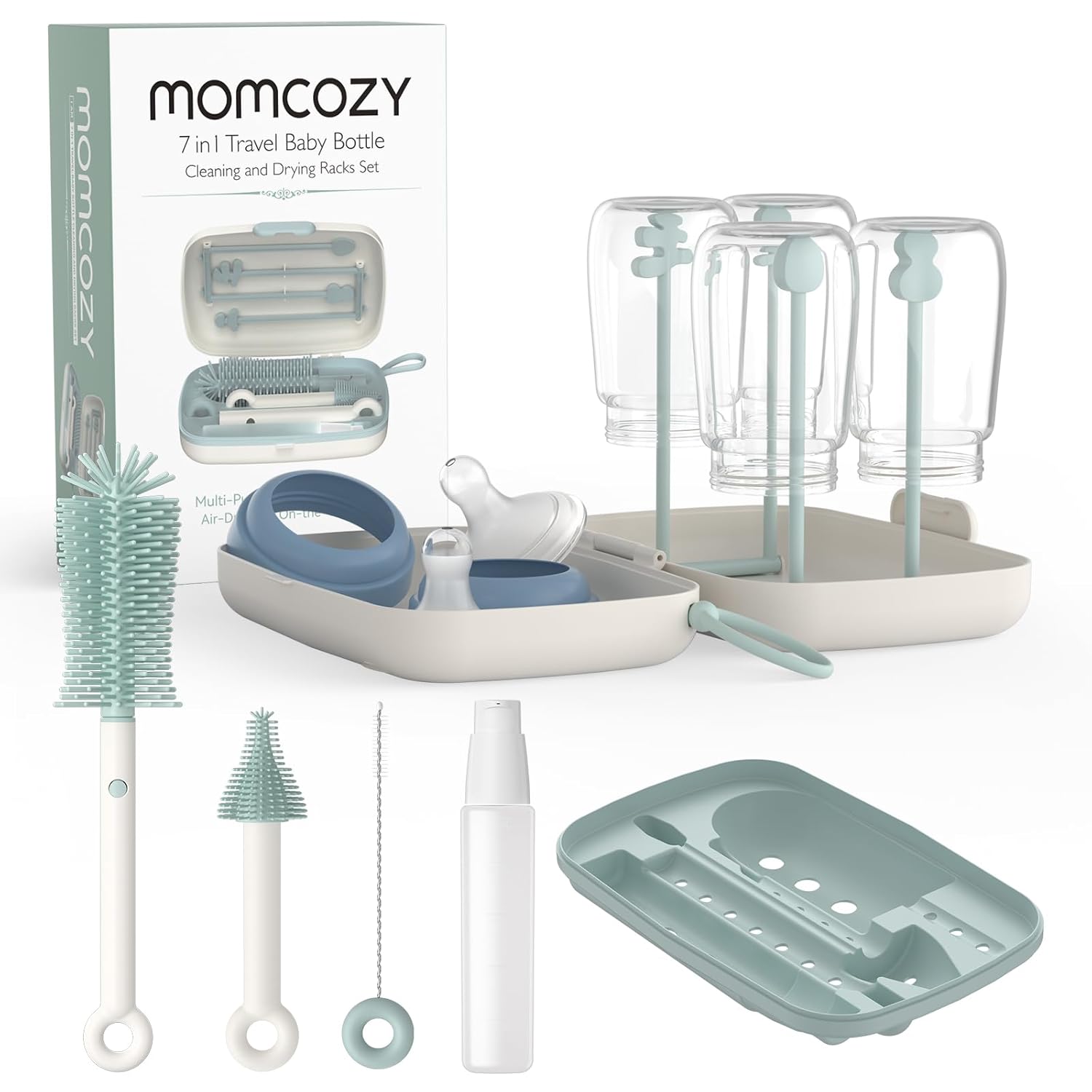 Wholesale Momcozy Bottle Brush Set - Baby Bottle Cleaner Kit with Silicone Brush, Nipple Brush, Straw Brush, Soap Dispenser, Drying Rack - 7 in 1 Bottle Cleaning Tool for Home and Travel, Green
