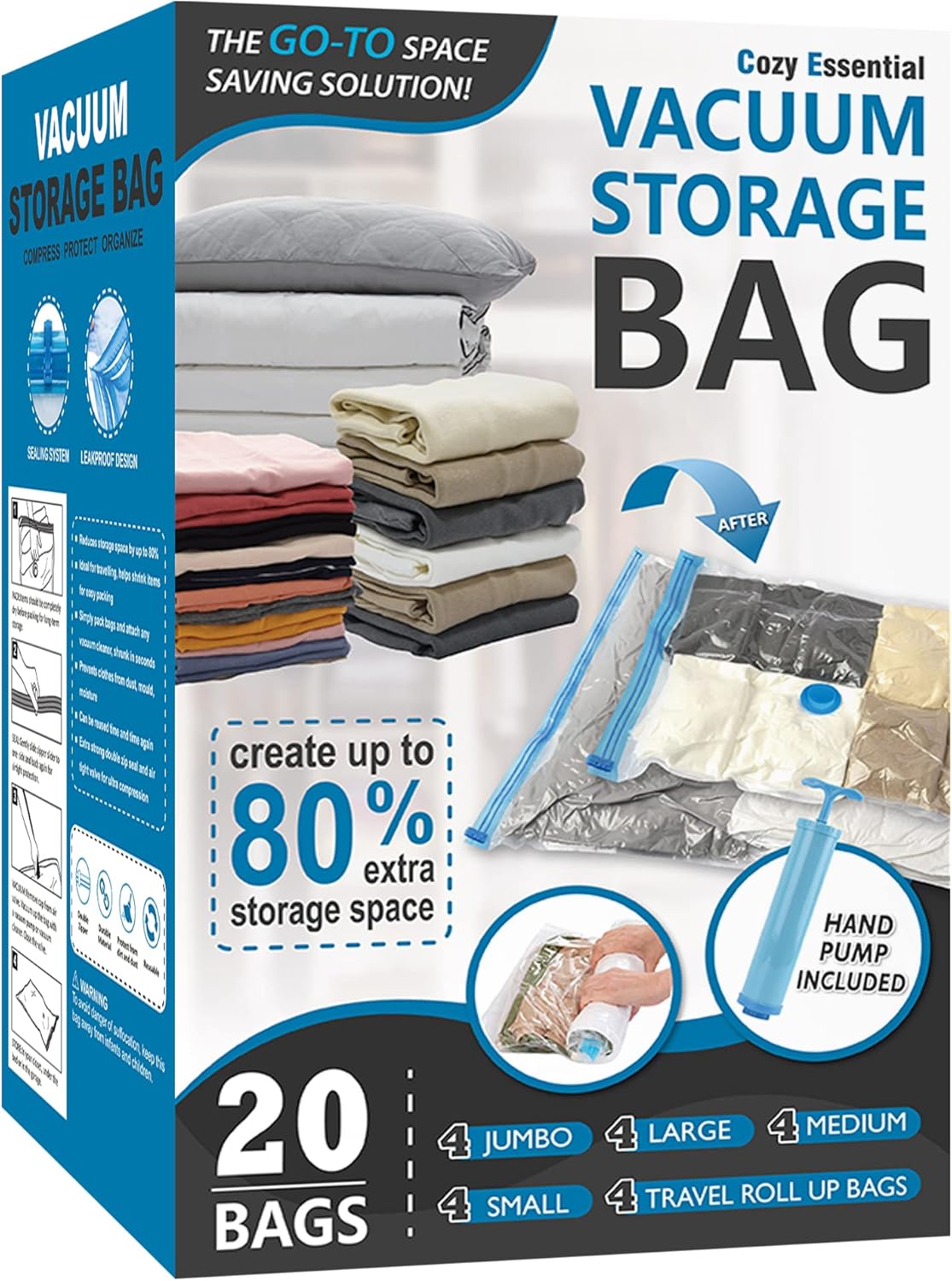 Wholesale 20 Pack Vacuum Storage Bags, Space Saver Bags (4 Jumbo/4 Large/4 Medium/4 Small/4 Roll) Compression for Comforters and Blankets, Sealer Clothes Storage, Hand Pump Included