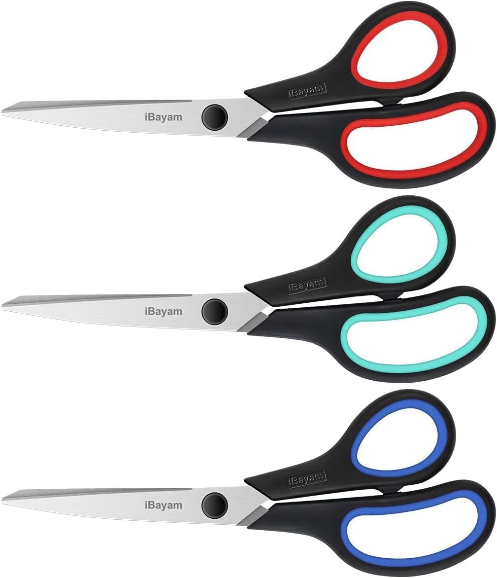 Wholesale Scissors, iBayam 8" Multipurpose Scissors Bulk 3-Pack, Ultra Sharp Blade Shears, Comfort-Grip Handles, Sturdy Sharp Scissors for Office Home School Sewing Fabric Craft Supplies, Right/Left Hand Red, Green, Blue 3-Pack