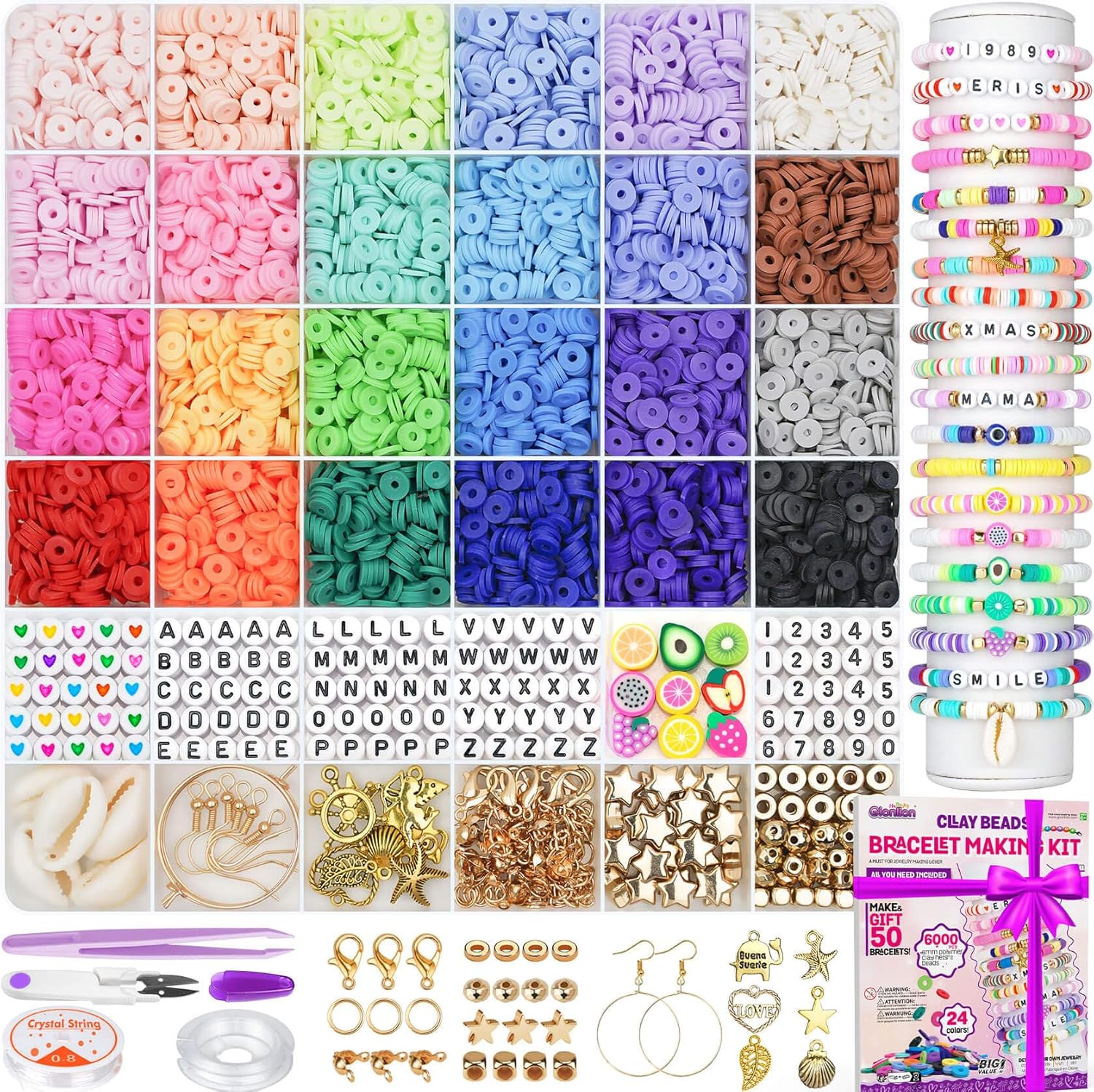 Wholesale Gionlion 6000 Clay Beads Bracelet Making Kit, 24 Colors Flat Preppy Beads for Friendship Bracelets, Polymer Clay Beads with Charms for Jewelry Making, Crafts Gifts for Girls Ages 6-12