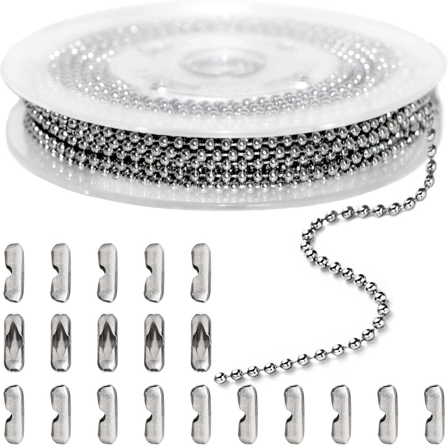 Wholesale Jishi 33ft Ball Chain 2.4mm Silver Stainless Steel Bead Link Chain Roll for Beaded Dog Tag Necklace, Mens Military Jewelry Making Supplies, Pull Chain DIY Bracelets Keychain Craft - w/20#3 Connectors