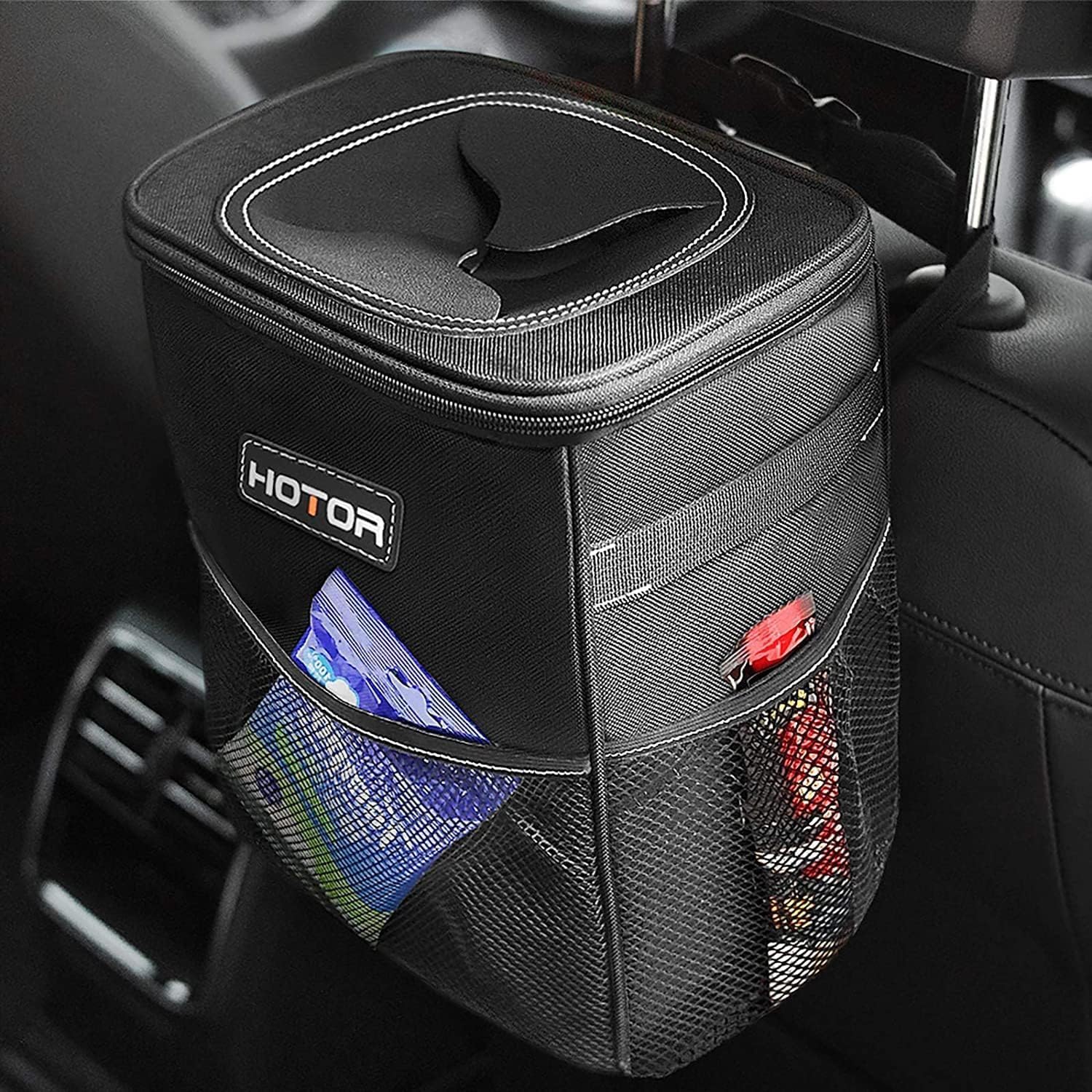 Wholesale HOTOR Car Trash Can with Lid and Storage Pockets - 100% Leak-Proof Organizer, Waterproof Garbage Can, Multipurpose Trash Bin for Car, 2 Gallons, Black 2 Gallons Black
